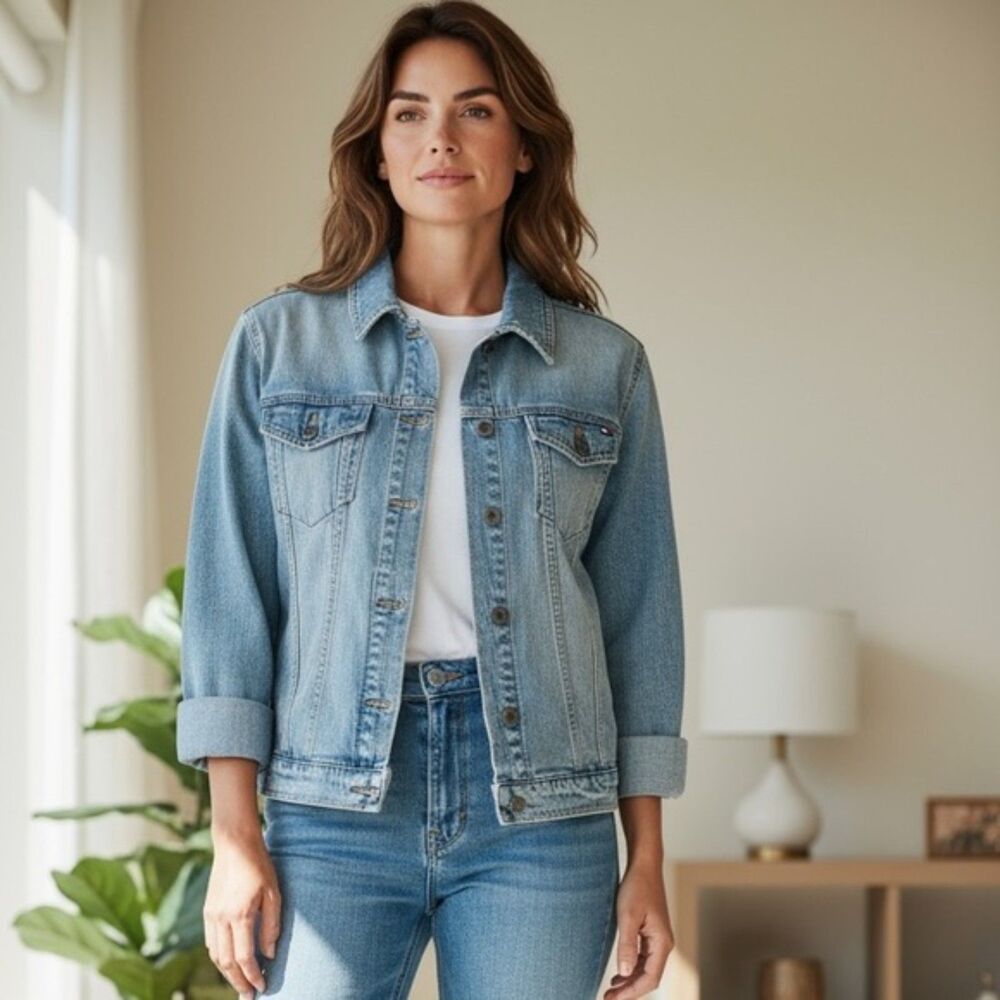 TOMMY JEANS Women's Cotton Cropped Classic Blue Denim Jean Jacket Small